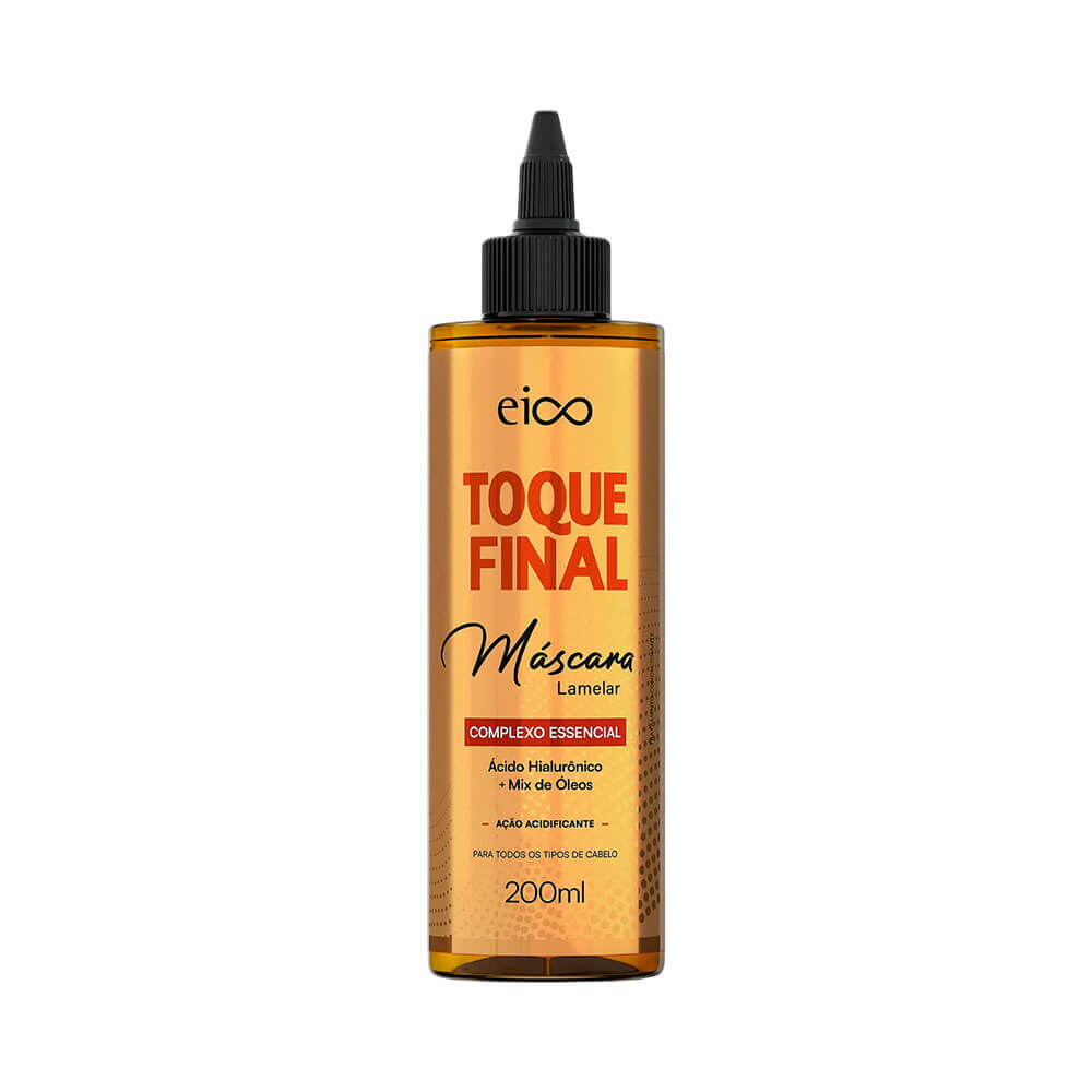 Frasco translúcido âmbar da Máscara Líquida Eico Toque Final 200ml com tampa preta e bico aplicador