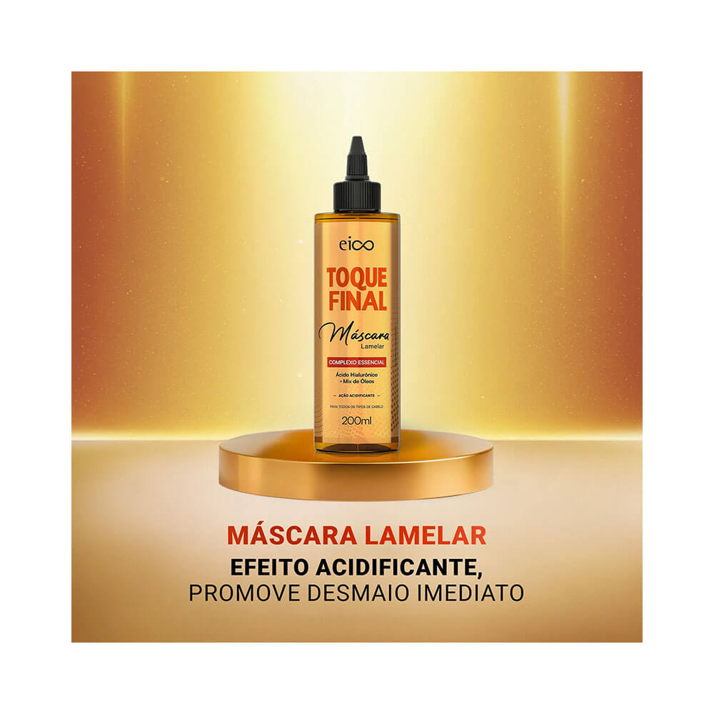 Máscara Líquida Eico Toque Final 200ml sobre base dourada com fundo brilhante
