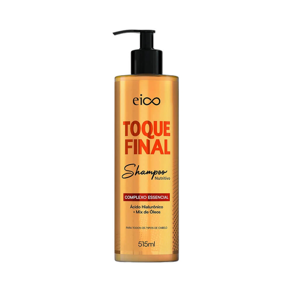 Frasco dourado do Shampoo Eico Toque Final 515ml com tampa pump preta e rótulo detalhado