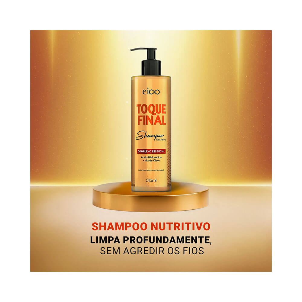 Shampoo Eico Toque Final 515ml em fundo dourado brilhante destacando ingredientes e benefícios