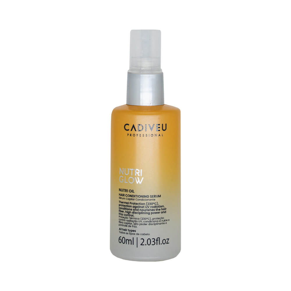 Frasco de óleo capilar Cadiveu Nutri Glow 60ml com embalagem degradê amarela e tampa spray transparente