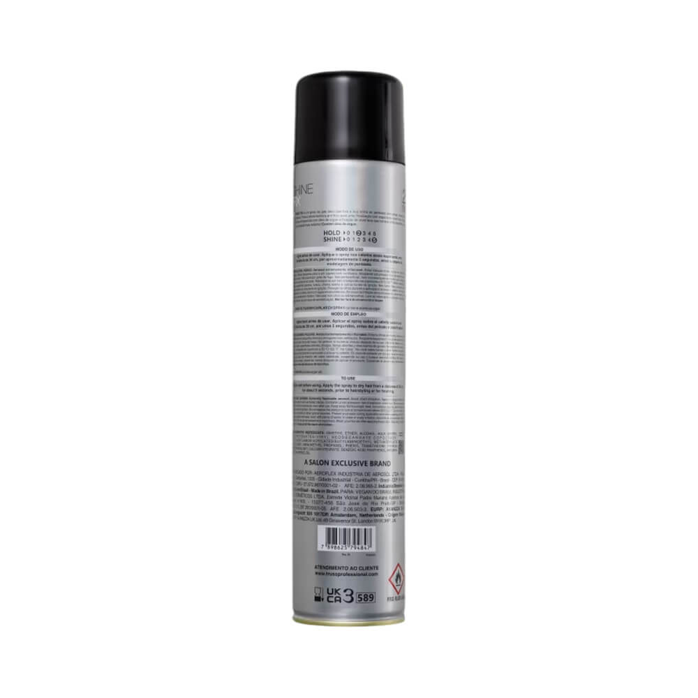 Parte traseira da embalagem Hair Spray Truss Shine Fix 450ml com instruções
