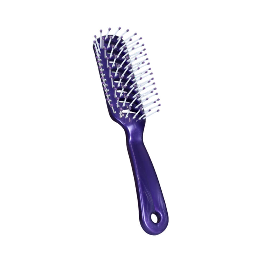 Escova de cabelo Marilú modelo Mariana com cerda pino, cabo roxo metálico com furo para pendurar, cerdas brancas com pontas arredondadas lilás, formato retangular com bordas arredondadas