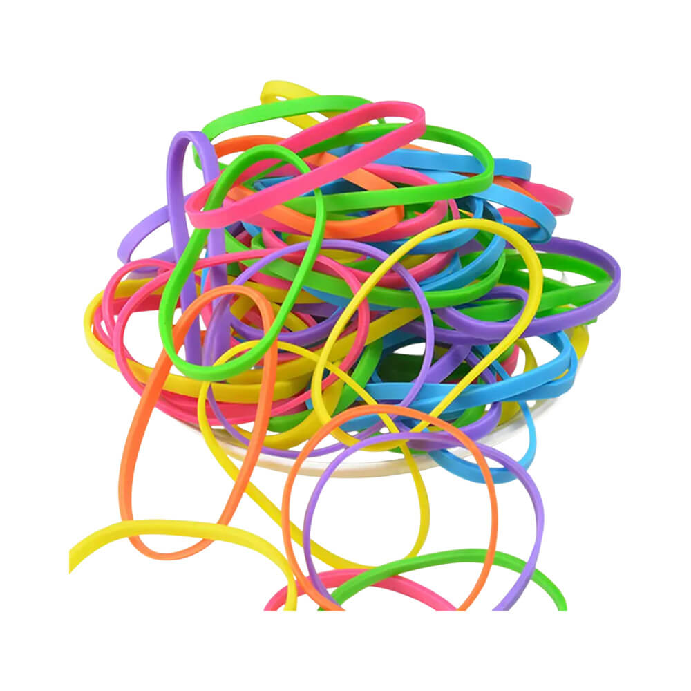 Close dos elásticos de silicone coloridos Landh's mostrando cores vibrantes