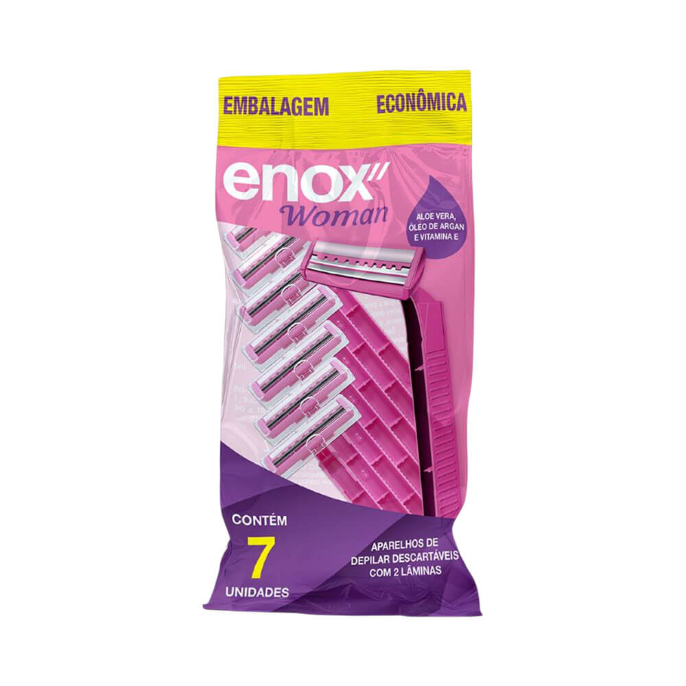 Kit Aparelho de Depilar Enox Woman com 7 unidades, embalagem rosa e roxa com detalhes em amarelo