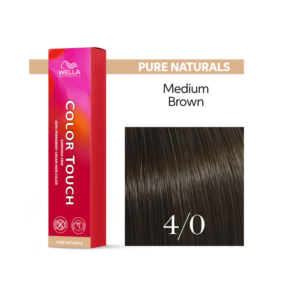 Tonalizante Wella Color Touch Pure Naturals 4.0 Castanho Médio com amostra de cabelo castanho médio