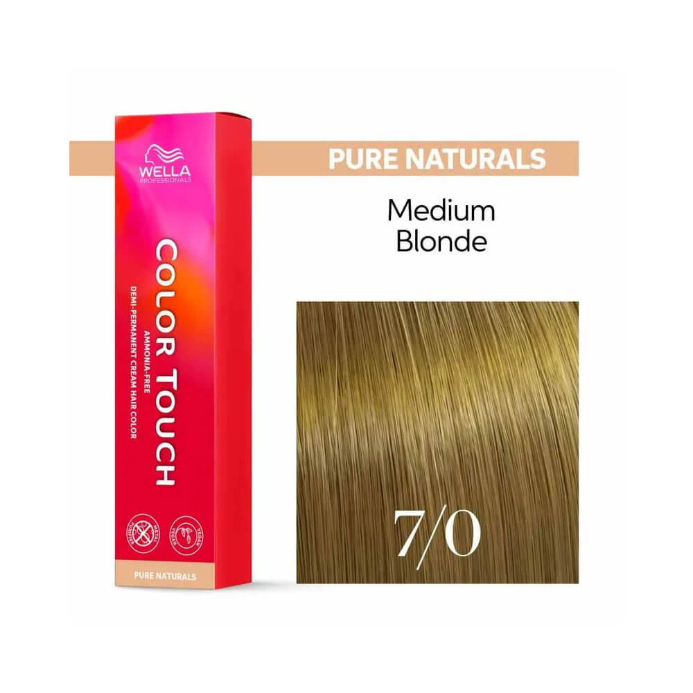 Tonalizante Wella Color Touch Pure Naturals 7.0 Louro Médio tubo ao lado da caixa vermelha