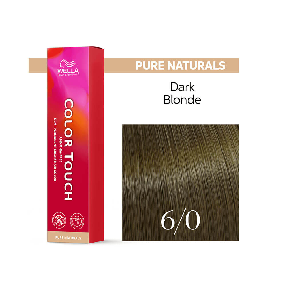 Tonalizante Wella Color Touch Pure Naturals 6.0 Louro Escuro e amostra de cabelo colorido