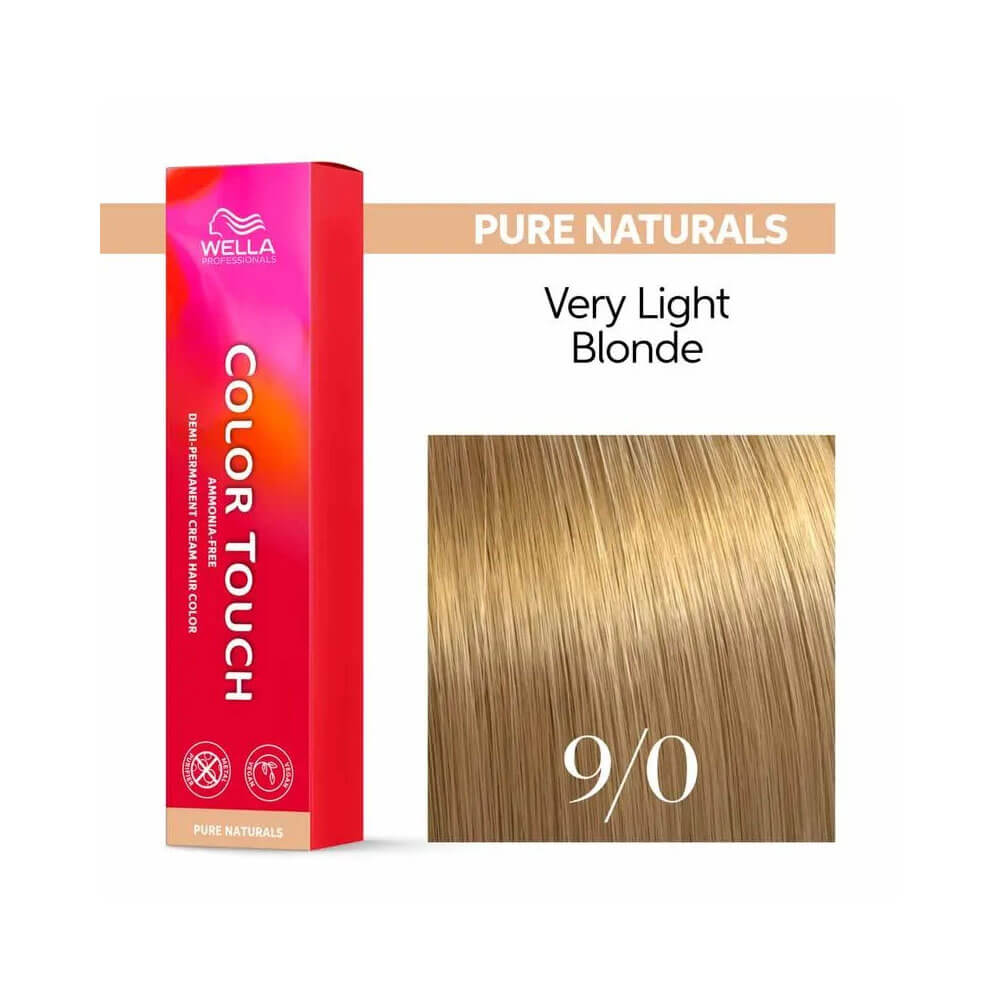 Tonalizante Wella Color Touch Pure Naturals 9.0 Louro Ultraclaro com amostra de cabelo louro ultraclaro