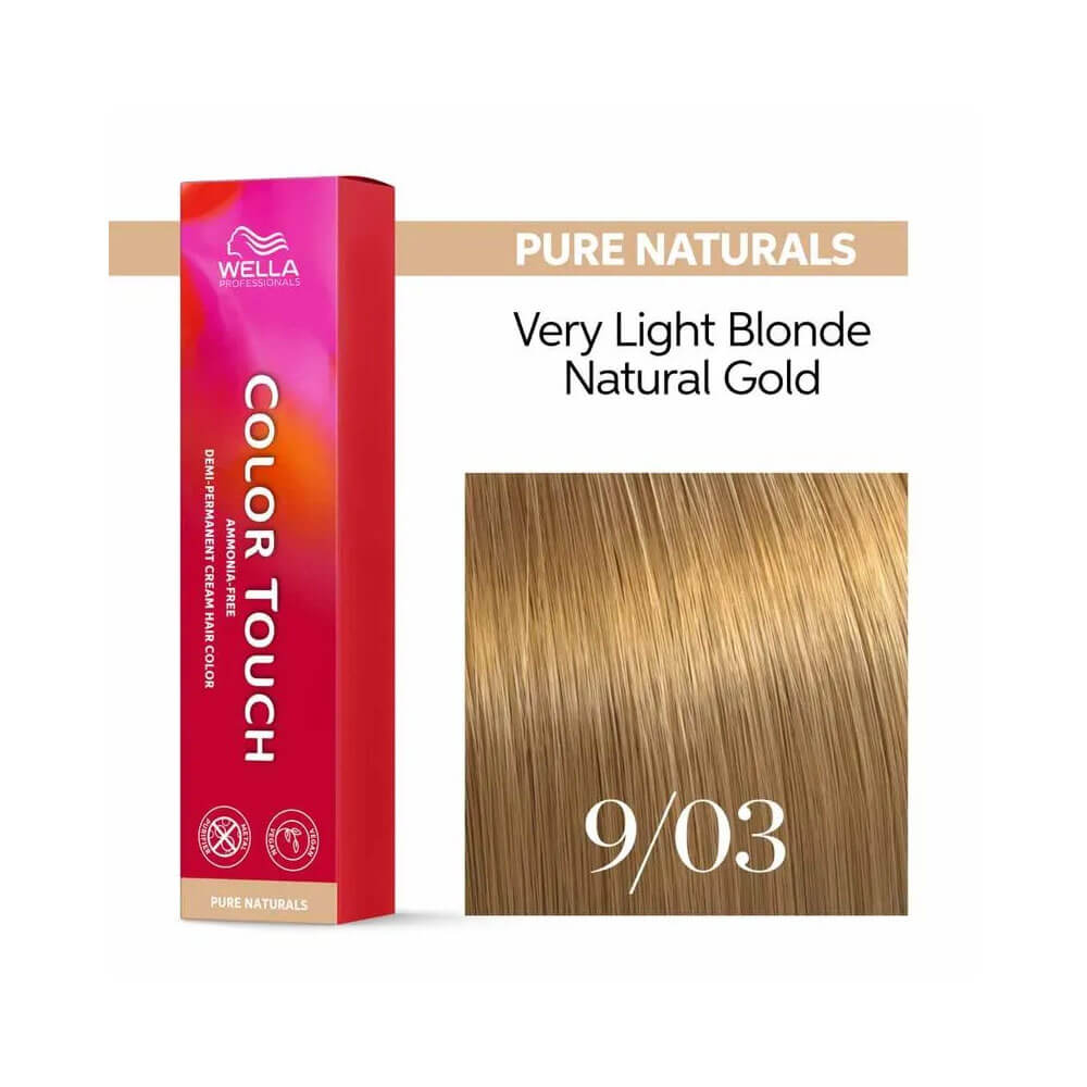 Tonalizante Wella Color Touch Pure Naturals 9.03 Louro Ultraclaro Natural Dourado - embalagem e tubo em destaque