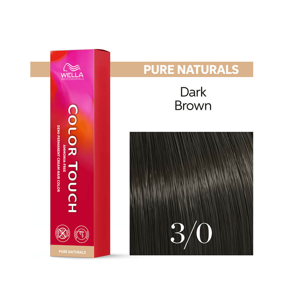 Tonalizante Wella Color Touch Pure Naturals 3.0 Castanho Escuro ao lado de amostra de cabelo castanho escuro