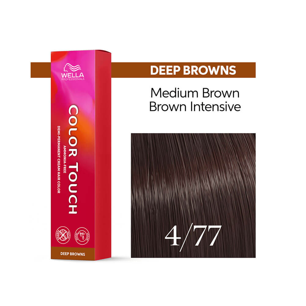 Embalagem do tonalizante Wella Color Touch Deep Browns com amostra de cabelo colorido em fundo preto