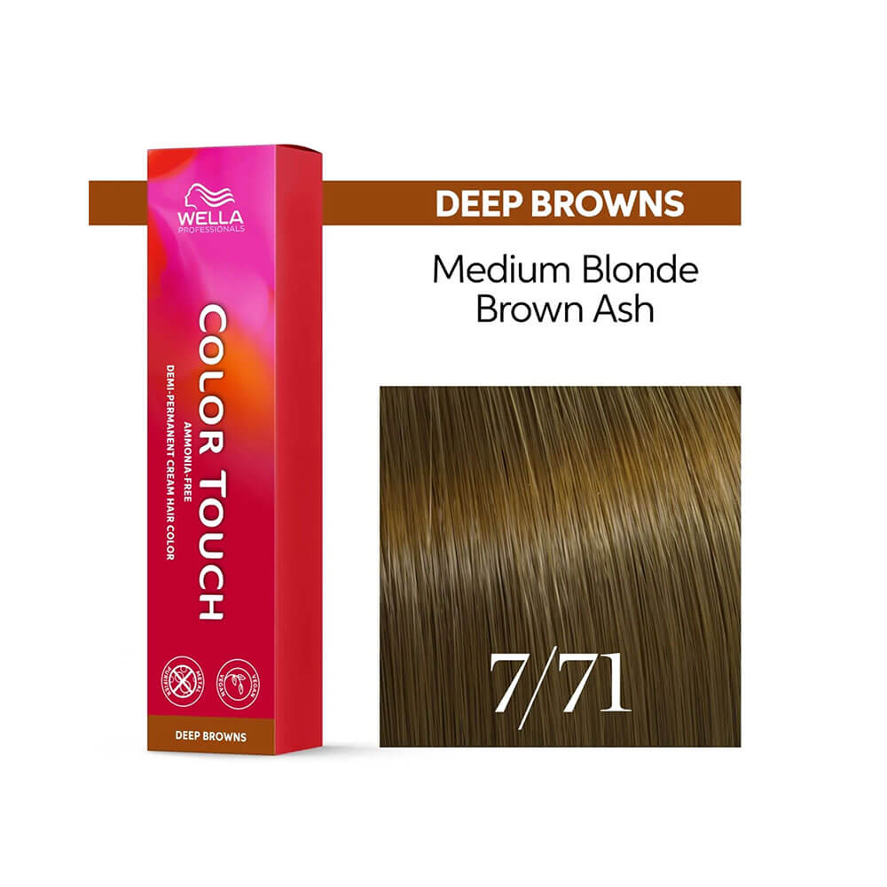 Tonalizante Wella Color Touch Deep Browns 7.71 com amostra de cabelo colorido