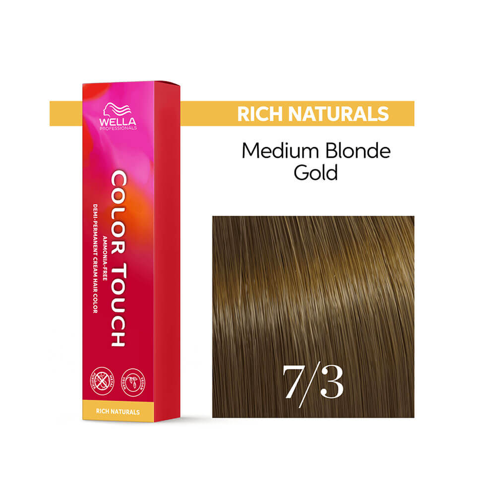 Tonalizante Wella Color Touch Rich Naturals 7.3 Louro Médio Dourado embalagem e tubo em destaque