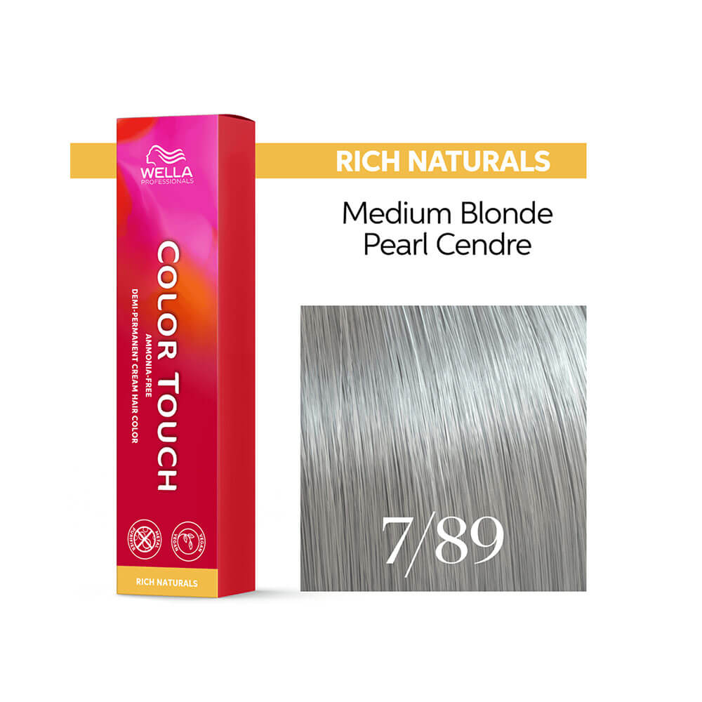 Tonalizante Wella Color Touch Rich Naturals 7.89 Louro Médio Pérola Cendré ao lado da embalagem em fundo branco