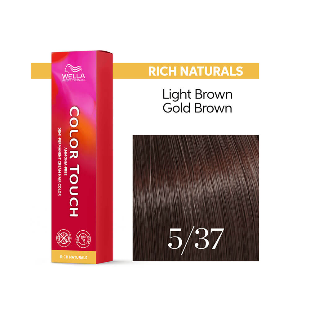 Tonalizante Wella Color Touch Rich Naturals 5.37 Castanho Claro Dourado - amostra de cor em cabelo