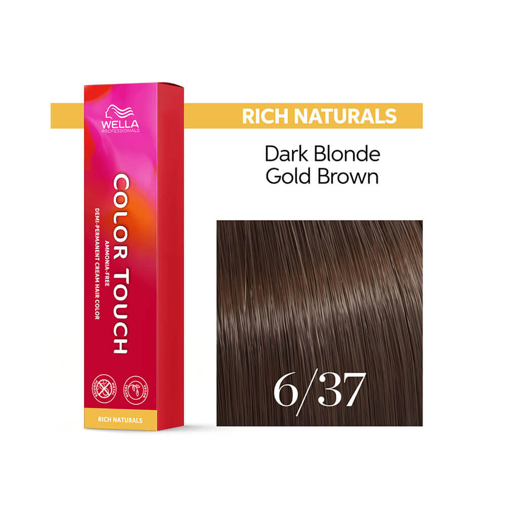 Tonalizante Wella Color Touch Rich Naturals 6.37 com mecha de cabelo da cor correspondente
