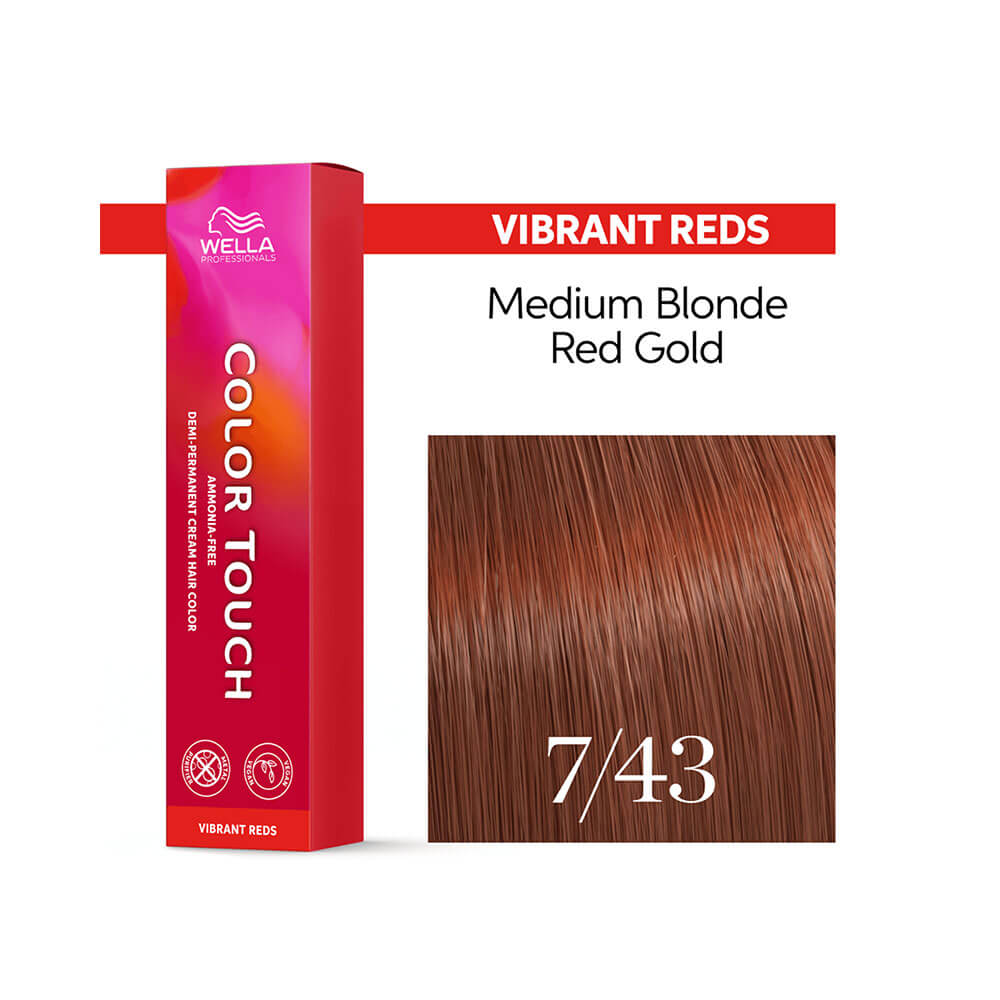 Embalagem do tonalizante Wella Color Touch Vibrant Reds com amostra da cor Louro Médio Vermelho Dourado
