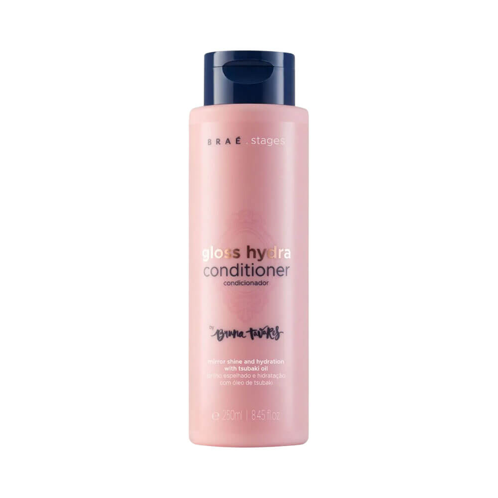 Condicionador Braé Stages by Bruna Tavares Gloss Hydra 250ml em embalagem rosa claro com tampa azul escura