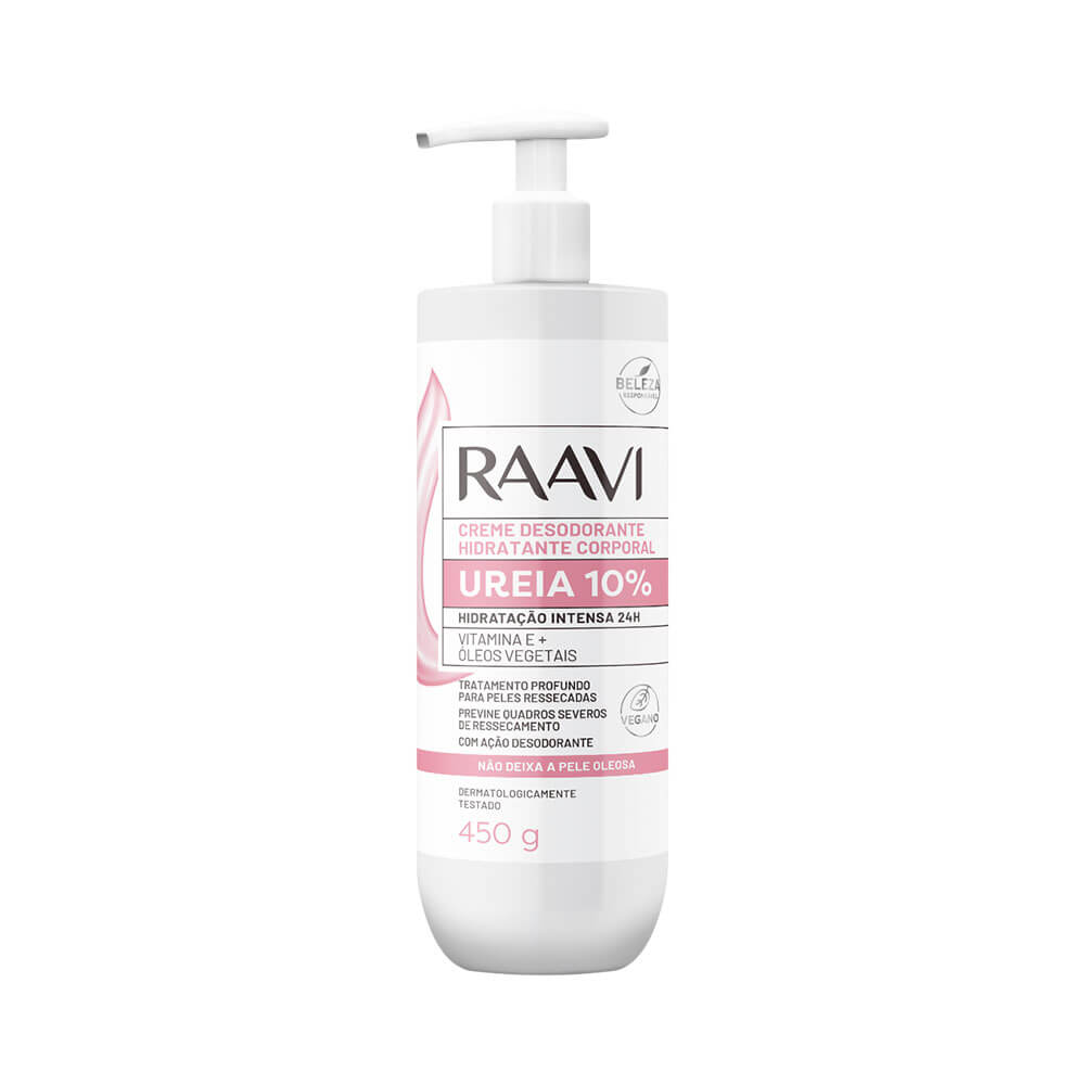 Creme Corporal Raavi Ureia 10% em embalagem branca com detalhes em rosa e preto
