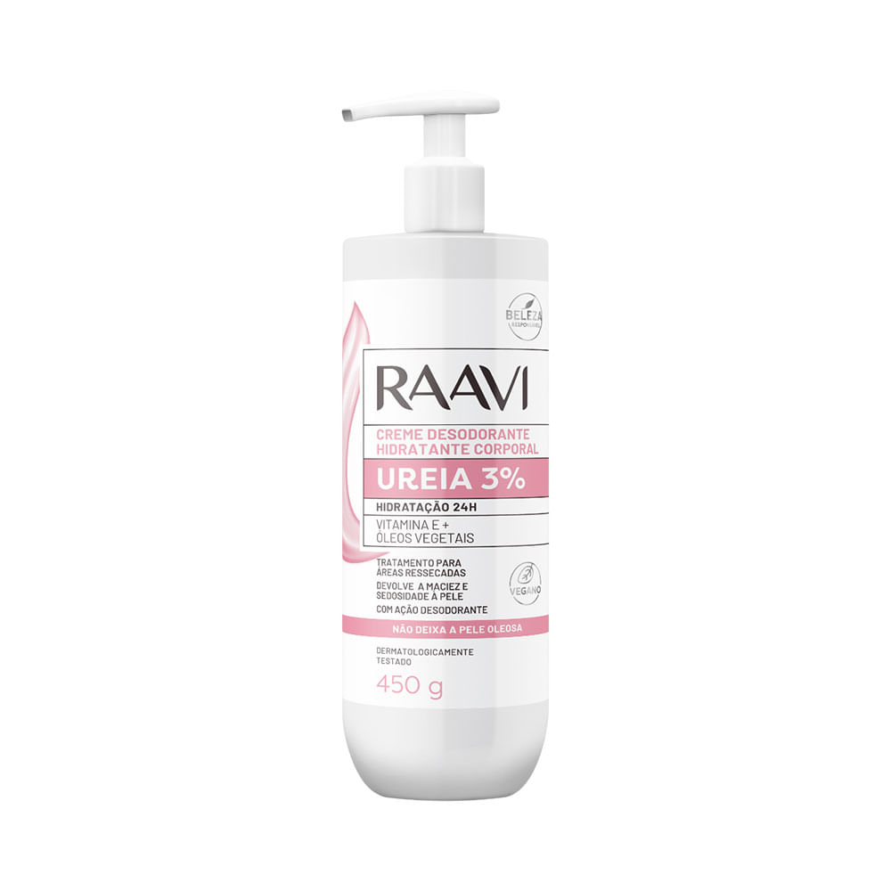 Creme corporal Raavi Ureia 3% Desodorante Hidratante embalagem branca com válvula pump