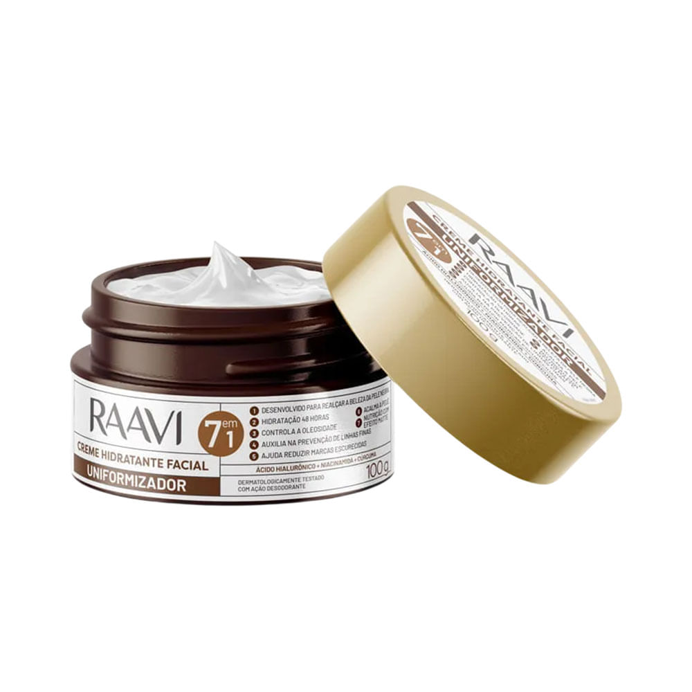 Creme hidratante facial Raavi aberto mostrando textura branca cremosa