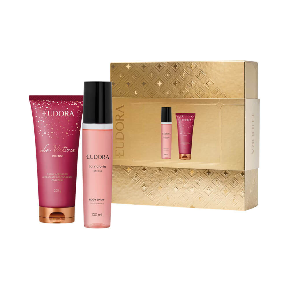 Kit Eudora La Victorie Intense com Body Spray 100ml e Creme Corporal 200g em embalagens rosas com detalhes dourados