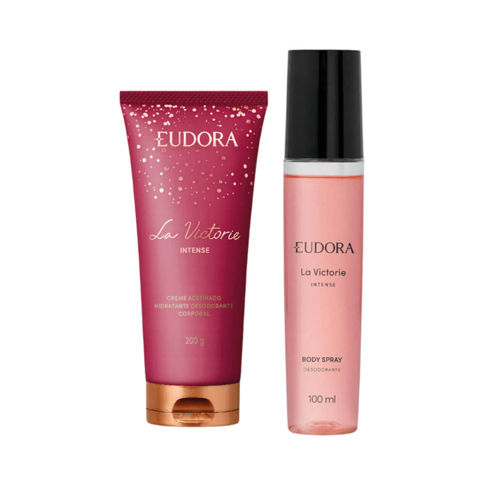 Body Spray e Creme Corporal La Victorie Intense lado a lado com fundo branco