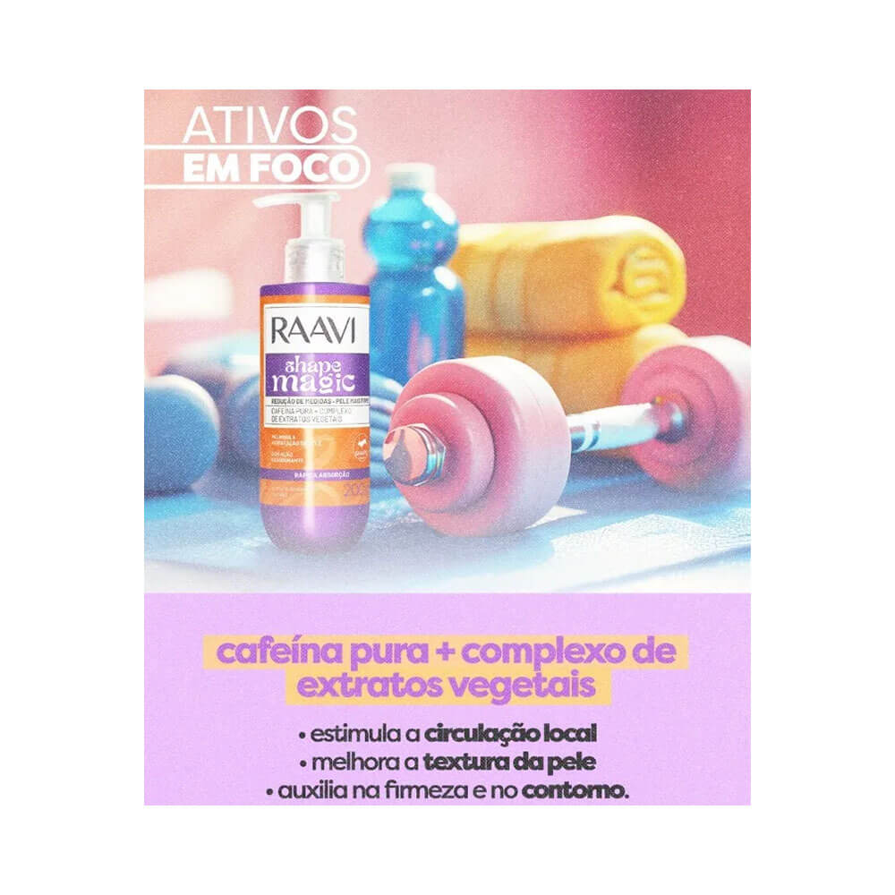 Creme Corporal Raavi Shape Magic 200g ao lado de halteres e toalha