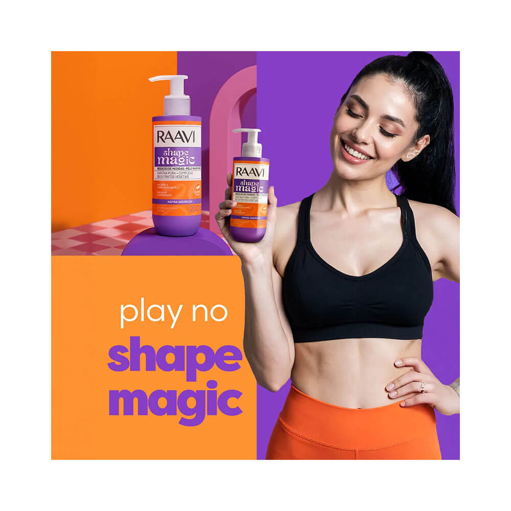 Mulher segurando Creme Corporal Raavi Shape Magic 200g com fundo colorido