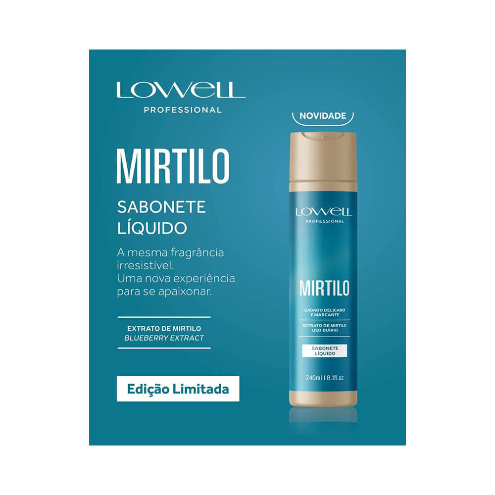 Frasco do sabonete líquido Lowell Mirtilo 240ml sobre fundo azul