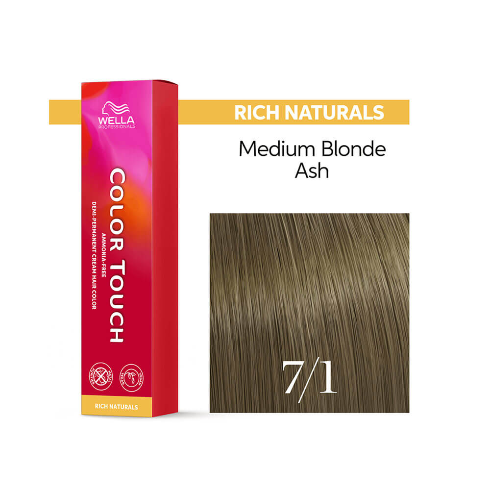 Tonalizante Color Touch Rich Naturals 7.1 Louro Médio Acinzentado Wella Professionals tubo e amostra de cabelo