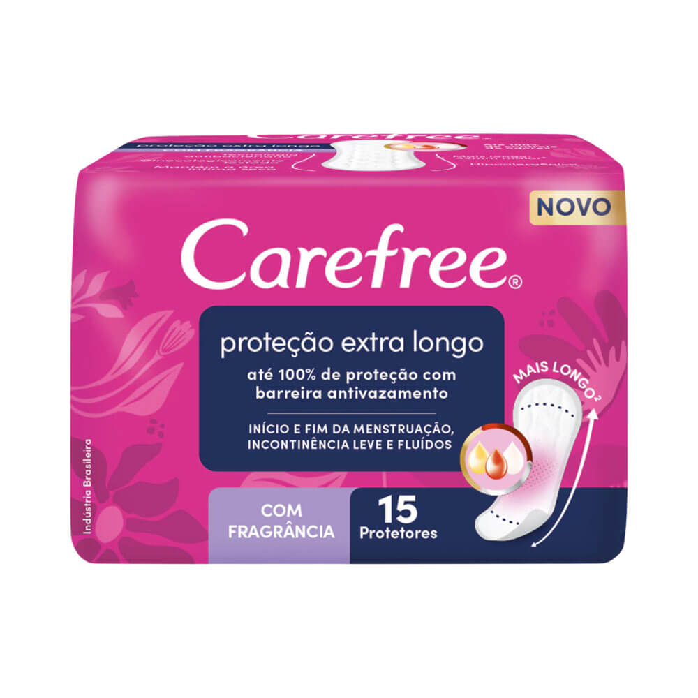 Embalagem frontal do absorvente Carefree Proteção Extra Longo com Fragrância, 15 unidades