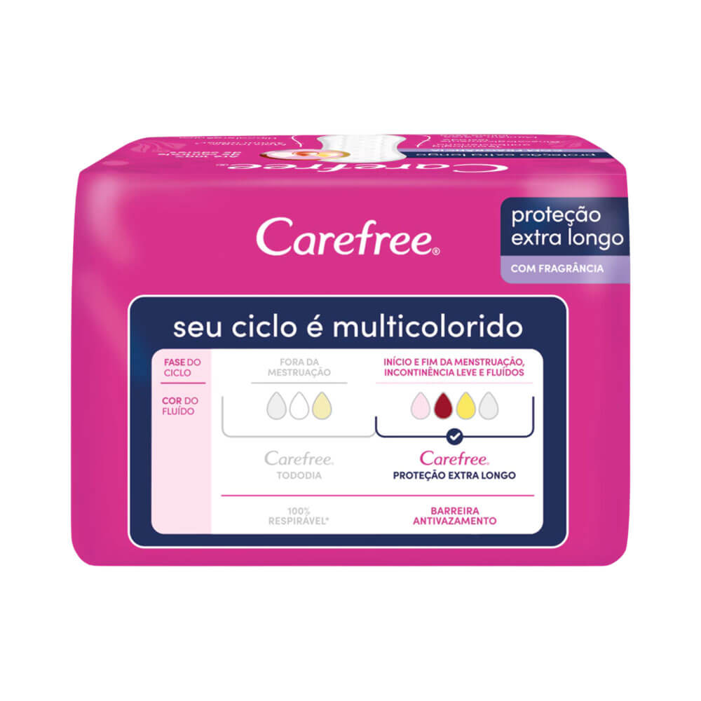 Lateral da embalagem do absorvente Carefree Proteção Extra Longo com Fragrância, 15 unidades