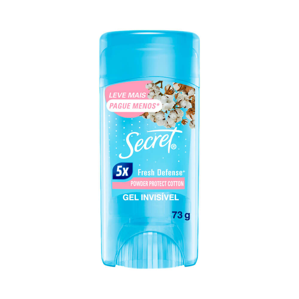 Desodorante em gel Secret Cotton 73g com embalagem azul e tampa transparente