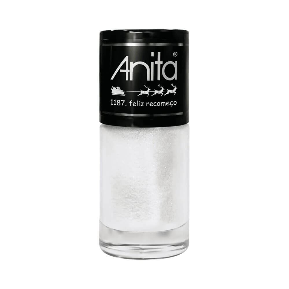 Esmalte Anita Tempo de Celebrar Feliz Recomeço em frasco transparente com tampa preta e esmalte branco perolado