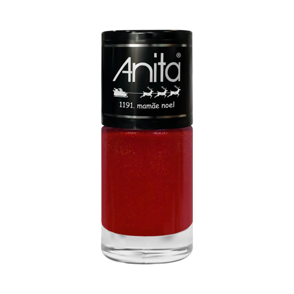 Esmalte Anita Tempo de Celebrar Mamãe Noel 10ml, frasco com esmalte vermelho vibrante e brilho cintilante