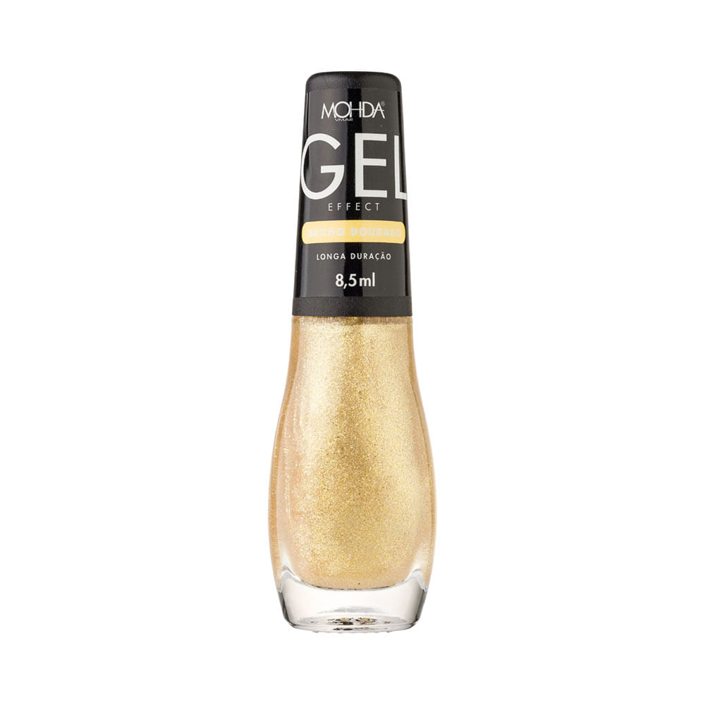 Esmalte Mohda Efeito Gel Brilho Dourado frasco 8,5 ml com rótulo preto e dourado