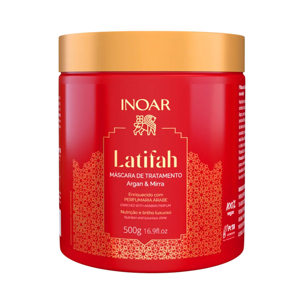 Máscara Capilar Inoar Latifah Argan e Mirra 500g, pote vermelho com tampa dourada