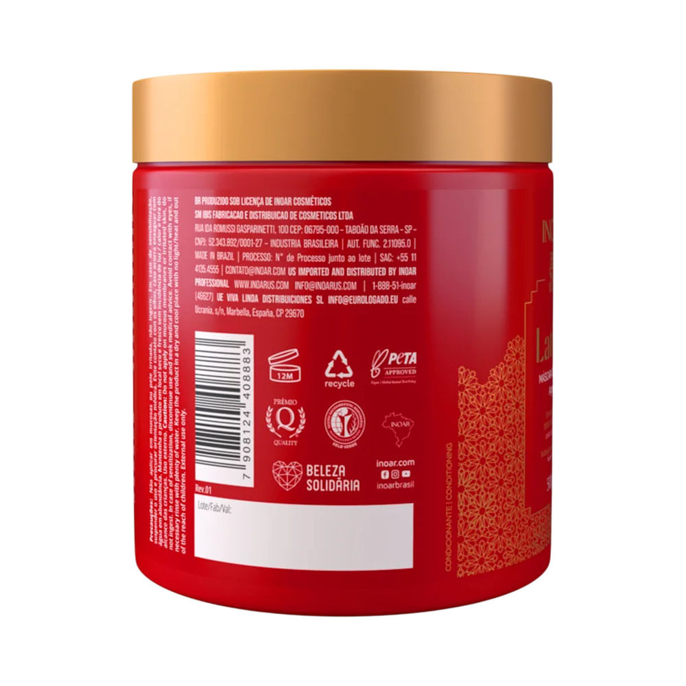 Lateral da Máscara Capilar Inoar Latifah Argan e Mirra 500g mostrando informações técnicas