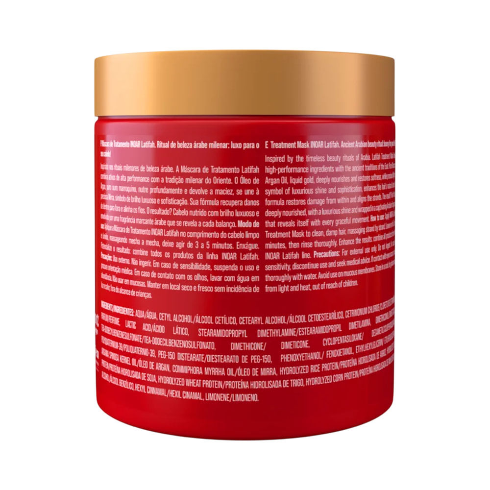 Parte traseira da Máscara Capilar Inoar Latifah com descrição do ritual de beleza árabe