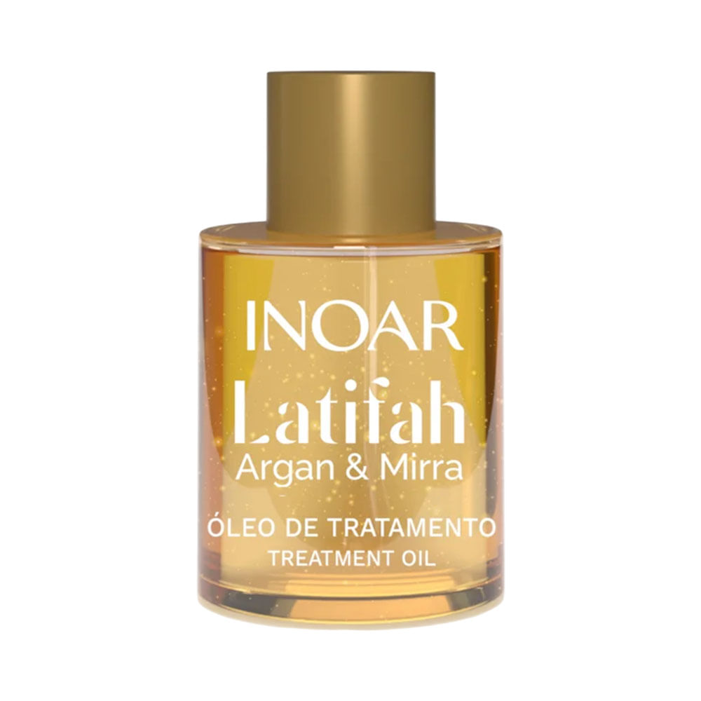 Frasco pequeno e transparente de óleo capilar Inoar Latifah Argan e Mirra 7ml com tampa dourada e líquido amarelo dourado.
