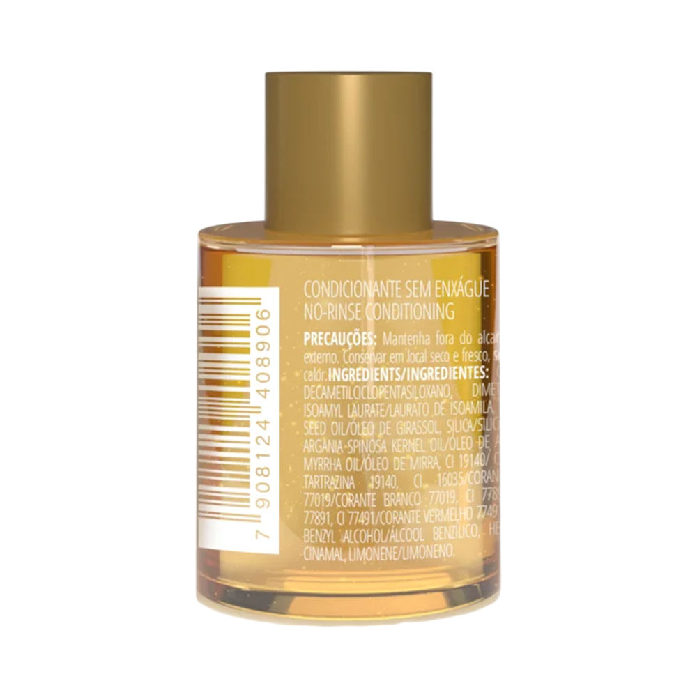 Verso do frasco do óleo capilar Inoar Latifah Argan e Mirra 7ml com informações de uso e ingredientes.