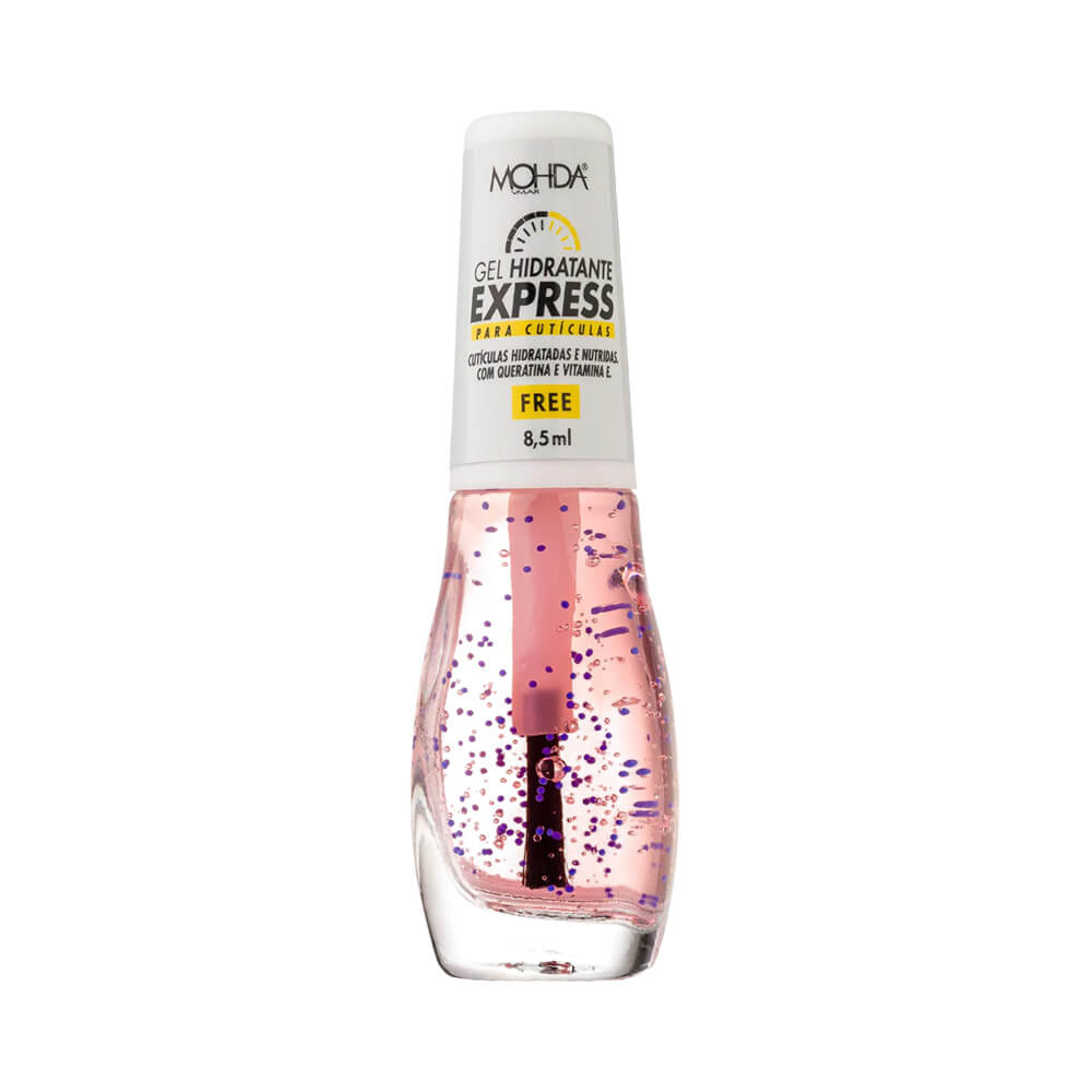 Frasco do Gel Mohda Express Hidratante de Cutículas com gel rosado e partículas roxas