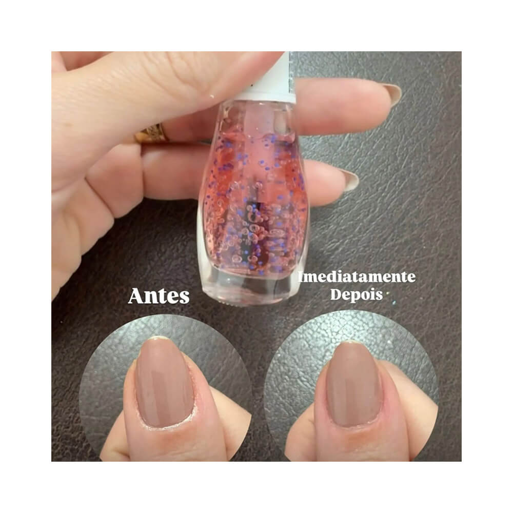 Antes e depois da aplicação do Gel Mohda Express Hidratante de Cutículas mostrando cutículas hidratadas