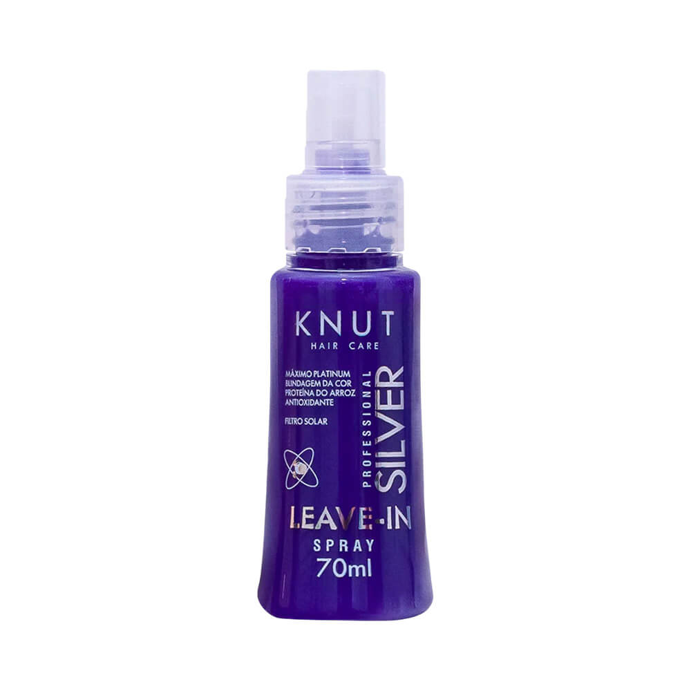 Frasco de Leave-In Knut Silver Spray 70ml roxo com tampa transparente e bico spray