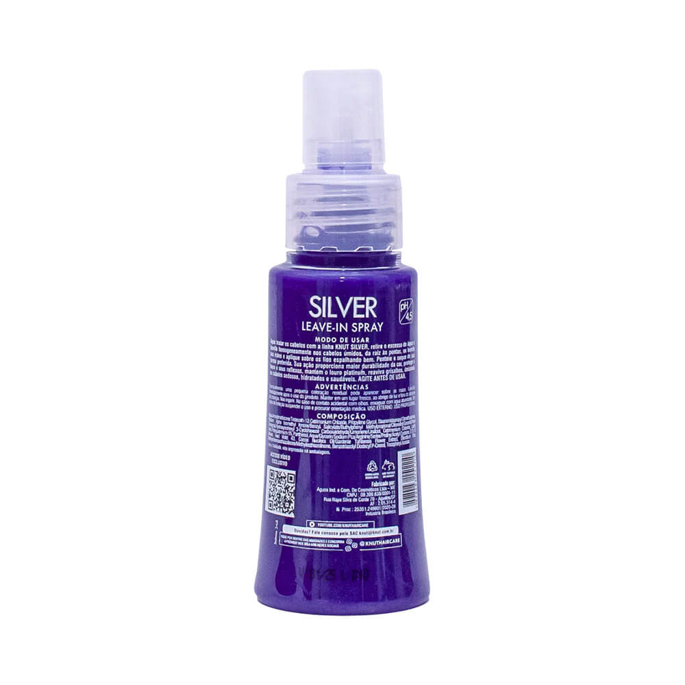 Vista traseira do frasco roxo de Leave-In Knut Silver Spray 70ml com informações do produto