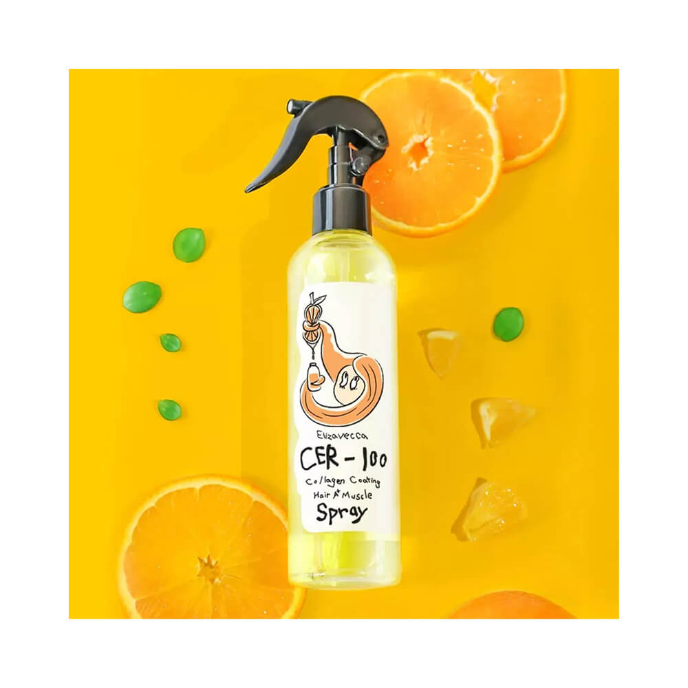 Frasco do Hair Spray Elizavecca Cer 100 Collagen Coating 250ml em fundo amarelo vibrante com fatias de laranja e gotas verdes.