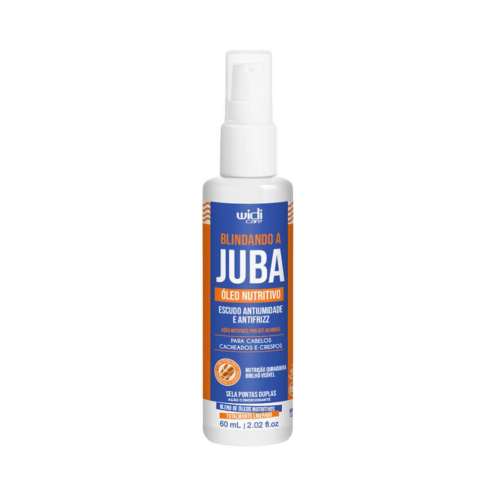 Frontal do frasco do Óleo Capilar Widi Care Blindando a Juba Nutritivo 60ml com rótulo azul e laranja