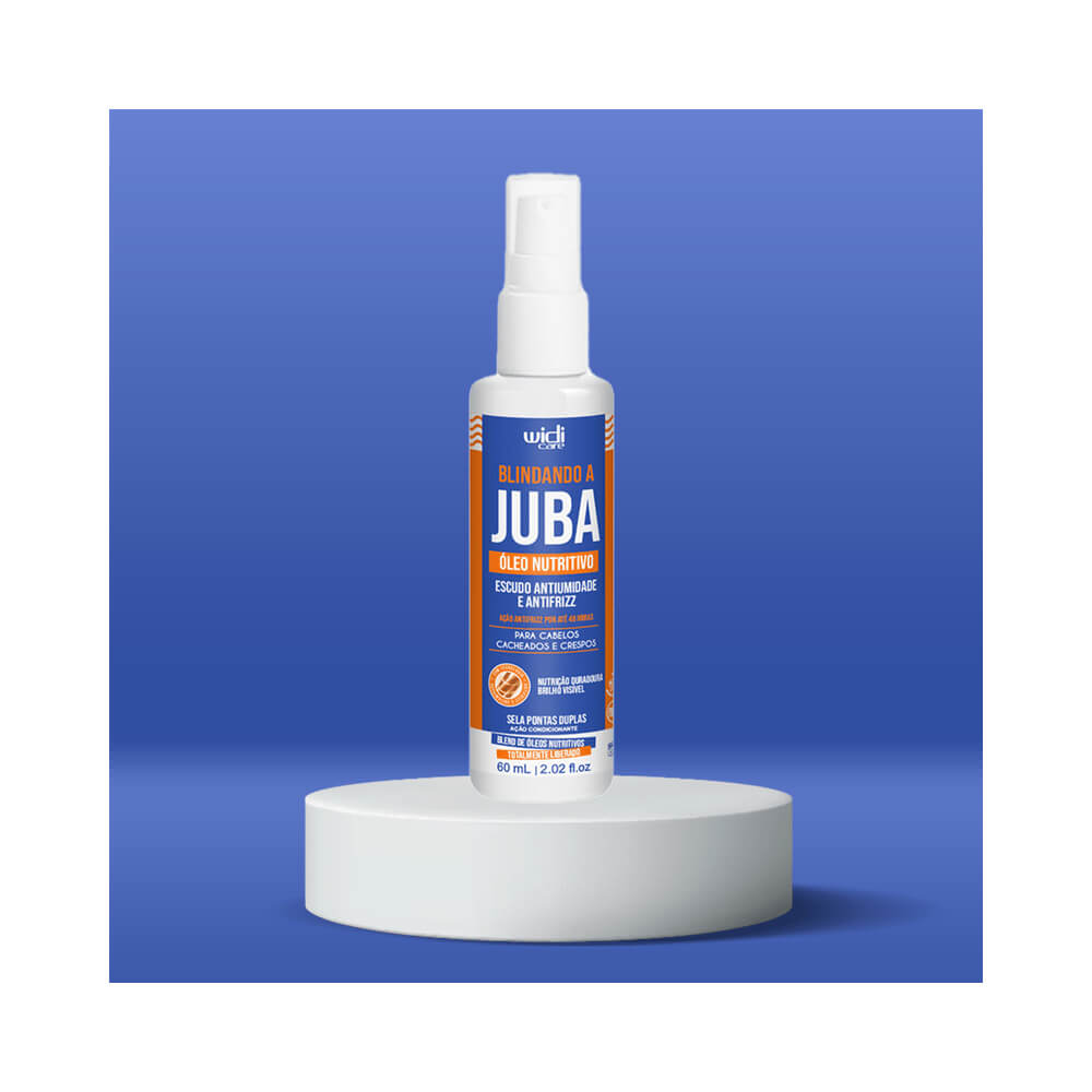 Frasco do Óleo Capilar Widi Care Blindando a Juba Nutritivo 60ml em pé sobre base branca circular com fundo azul degradê